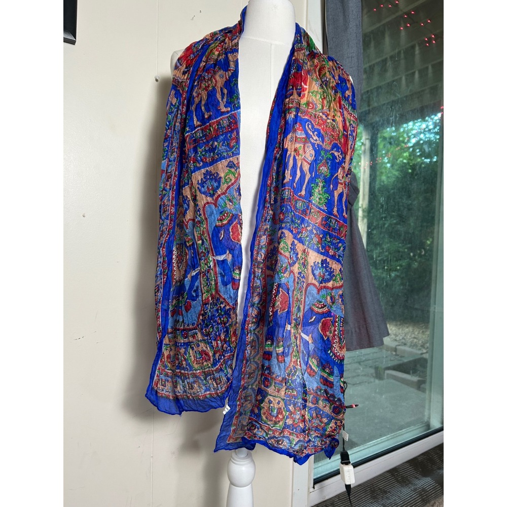 Vintage Indian 100% Silk Scarf Blue Sheer Elegant Print Boho Festival Wrap - Picture 4 of 8